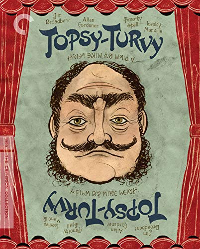 Topsy-Turvy" Blu-ray cover featuring a cartoon portrait of a man with a large mustache.