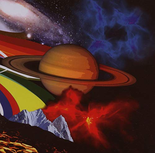 CD cover with a planet, mountains, nebula, and rainbow stripe.