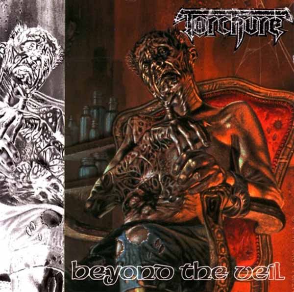 Album cover for Torchure’s “Beyond The Veil” featuring a grotesque, seated figure.