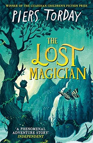 Book cover illustration showing a child climbing a tree near mountains and a moth.