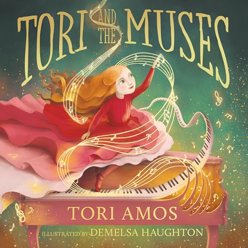 Book cover: girl in red dress dancing with musical notes and piano.