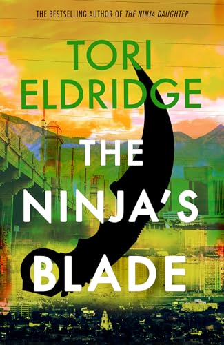 Book cover with a large black blade silhouette over a city at sunset.