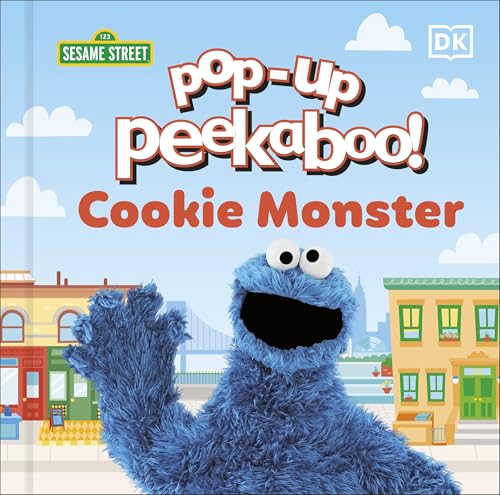 Cookie Monster from Sesame Street waves, book cover with city background.