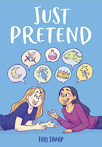 Book cover: two girls lying down, surrounded by fantasy icons.