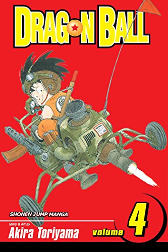 Goku rides a small mechanical vehicle on the red cover of Dragon Ball volume 4.