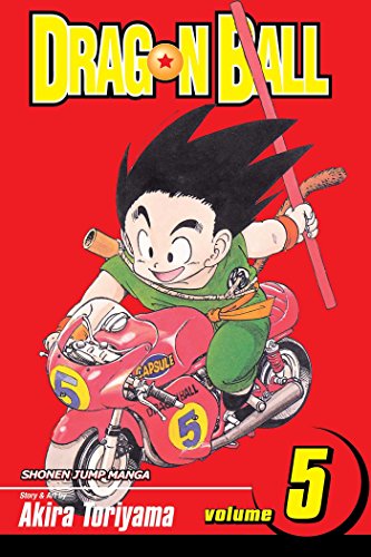 Goku riding a red motorcycle on the cover of Dragon Ball manga volume 5.