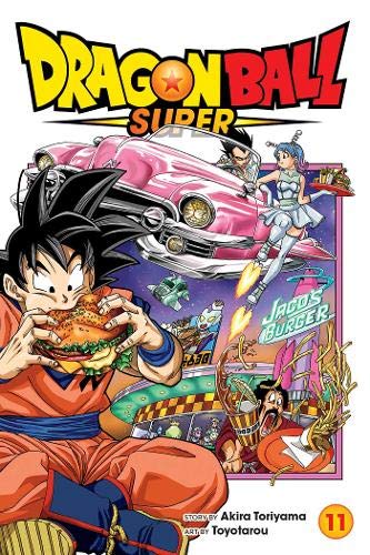Goku eats a burger in front of a pink car, Jaco, and Mr. Satan.