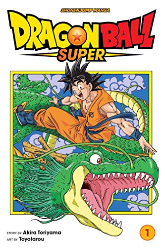 Goku riding a large green dragon on the cover of Dragon Ball Super volume one.