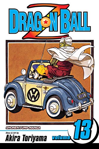 Piccolo and Gohan riding in a blue and cream Volkswagen Beetle on manga cover.
