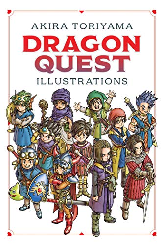 Collection of Dragon Quest game illustrations in a book with various colorful artwork.