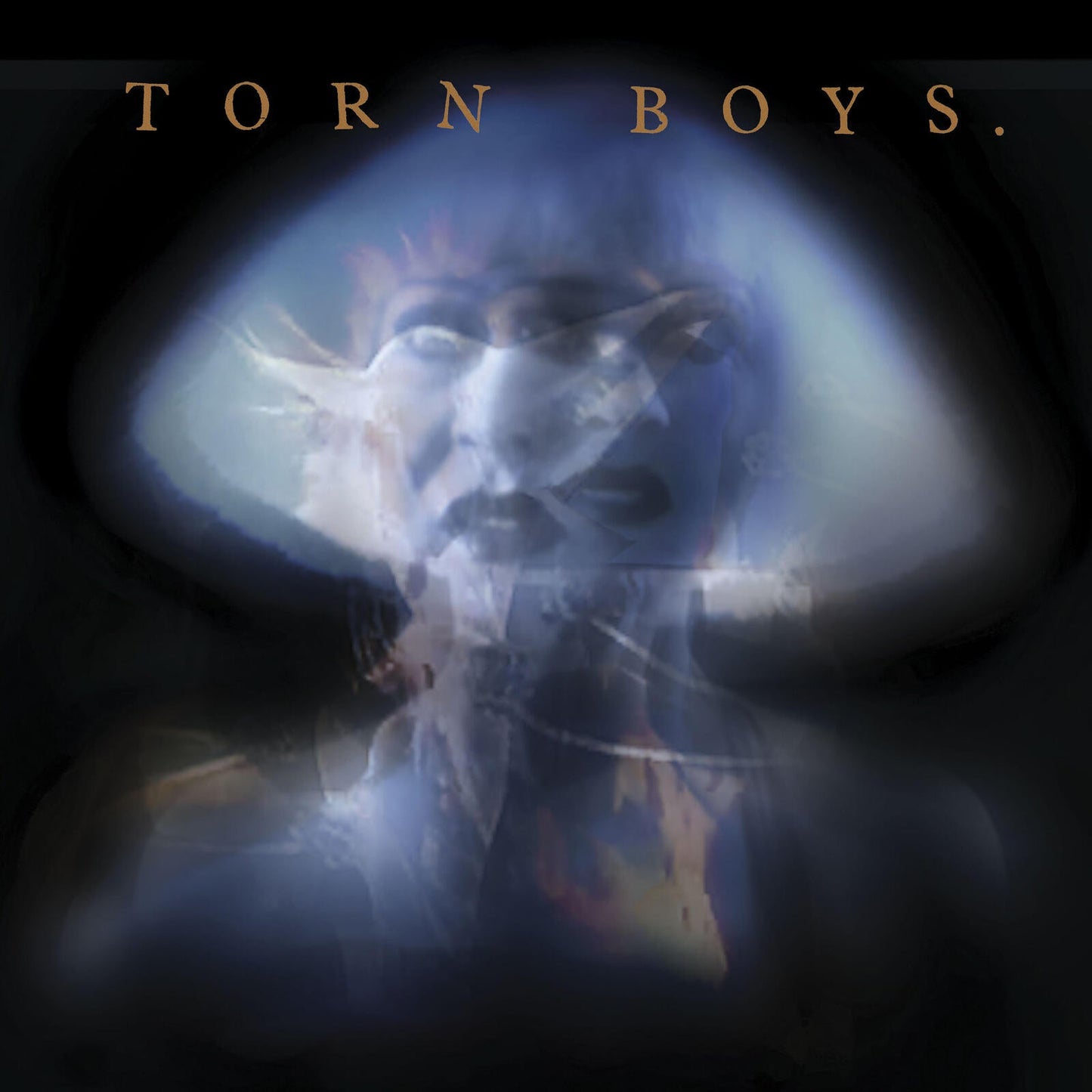 Blurred portrait of a man in a hat, dark blue and gold tones.