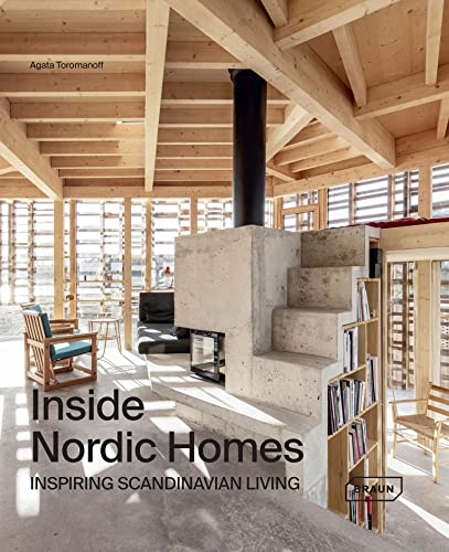 Book cover: modern Nordic home interior with fireplace and wooden ceiling.