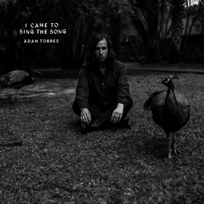 Black and white album cover featuring a man with peacocks.