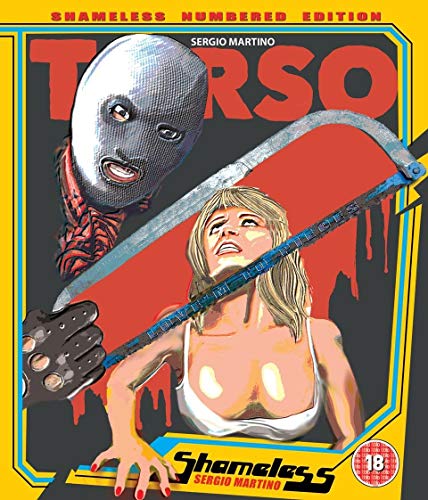 Horror film "Torso" Blu-ray cover with masked figure and distressed woman.
