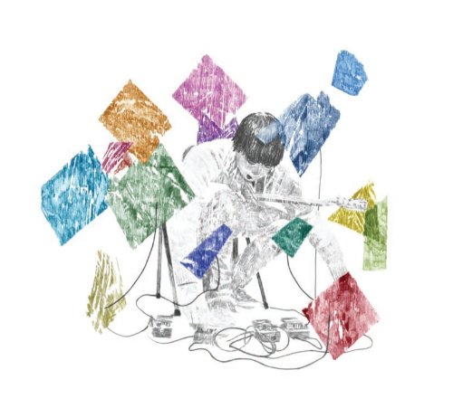 Sketch of a person with a guitar surrounded by colorful, scribbled shapes.