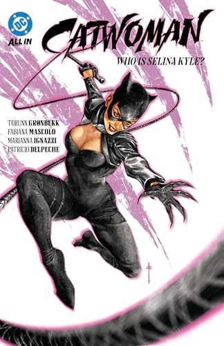 Catwoman in a black catsuit, dynamically posed with a whip.