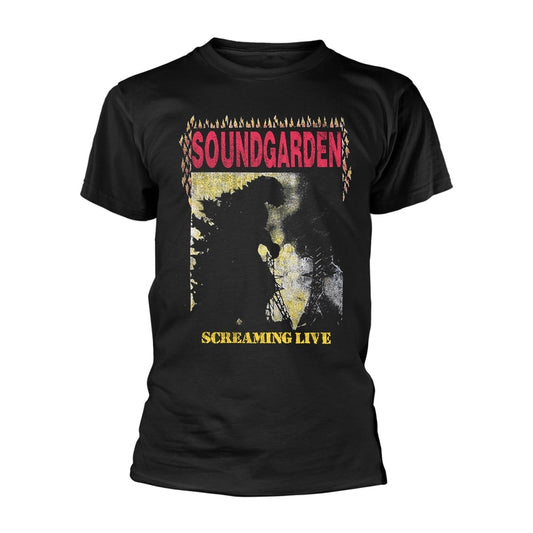 Black t-shirt with Soundgarden “Screaming Live” album art graphic.