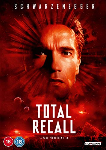 “Total Recall” DVD cover featuring Arnold Schwarzenegger’s intense portrait and red burst.