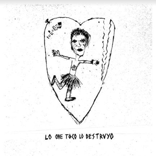 Black and white sketch of a figure inside a broken heart shape.