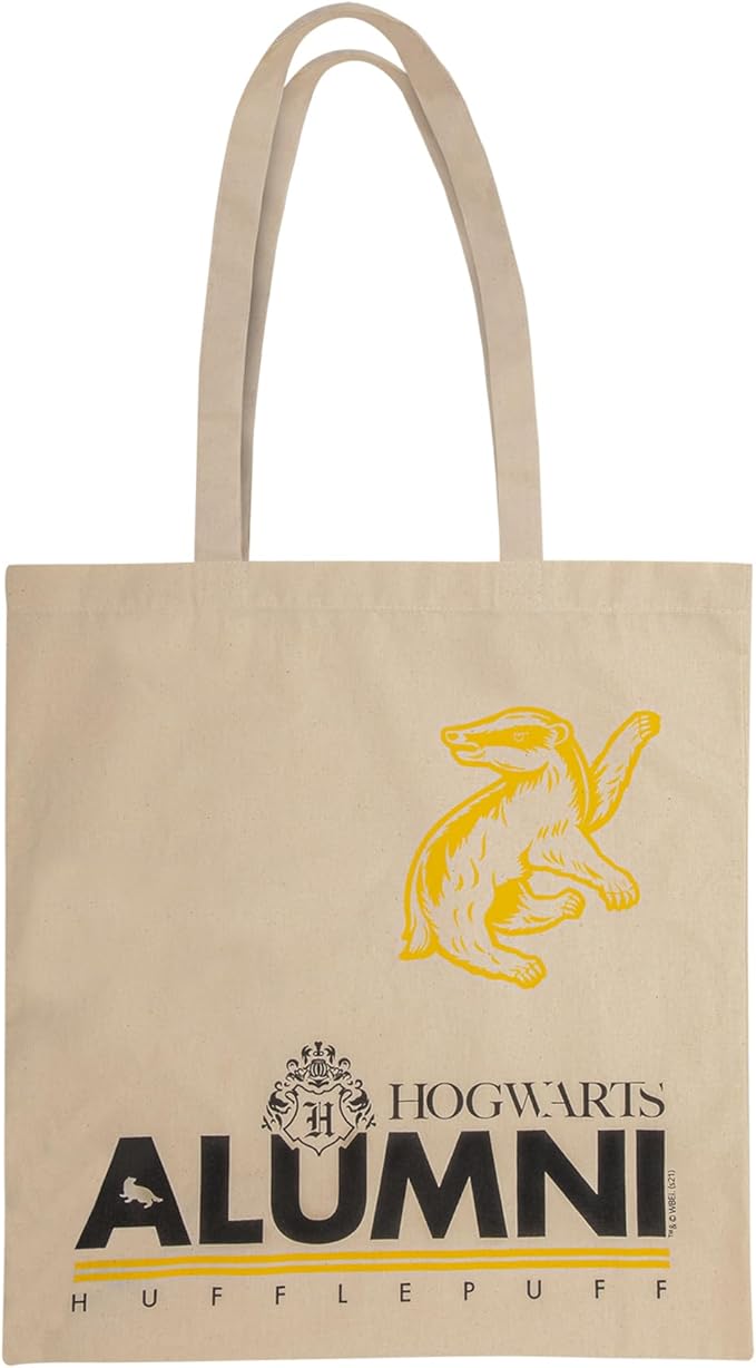 Beige tote bag with a yellow badger and "Hufflepuff Alumni" text.