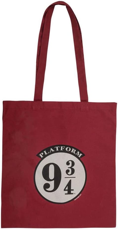 Red tote bag with black and white “Platform 9 3/4” logo.