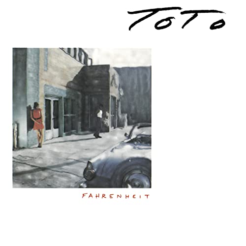 Album cover for Toto's Fahrenheit featuring a painting of a city street scene.