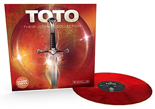 Toto Their Ultimate Collection vinyl record cover featuring a sword and red marbled disc.