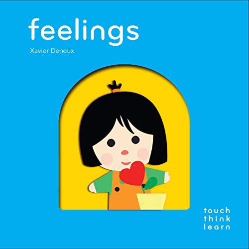Children’s book cover with a girl holding a red heart, titled “feelings”.