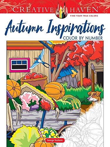 Color-by-number book cover featuring autumn scenes with pumpkins, a barn, and animals.