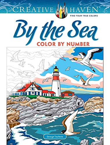 Book cover showing a coastal scene with a lighthouse,L and seagulls, partially colored.