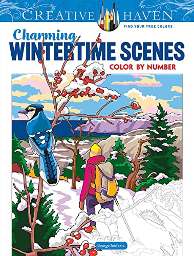 Coloring book cover with winter landscape, bird, and hiker scene.