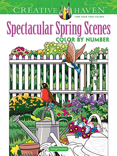 Color by number book cover with spring flowers, birds, and garden tools.