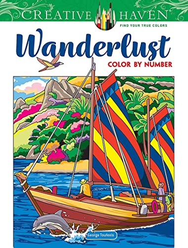 Color by number book cover featuring a sailboat, dolphin, and tropical landscape.