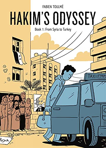Book cover: illustrated scene of a boy with a bag, people, and a taxi.