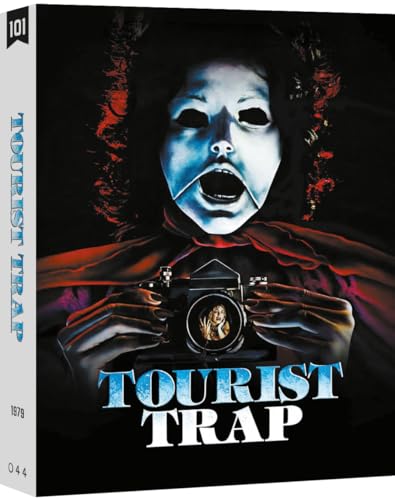 Blu-ray cover for horror film "Tourist Trap" featuring a masked figure.