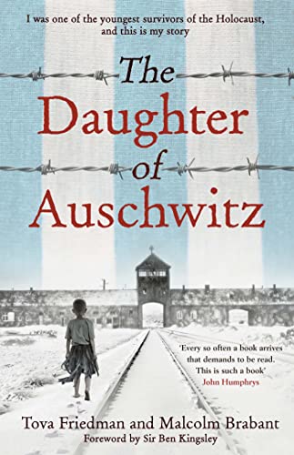 Book cover: "The Daughter of Auschwitz" with barbed wire and a child’s silhouette.