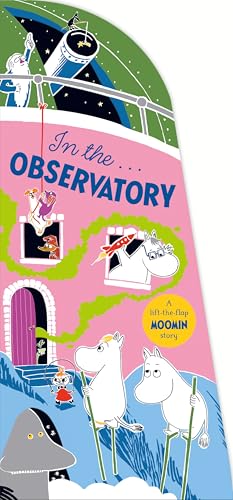 Moomin characters explore an observatory with a telescope, windows, and a pink background.