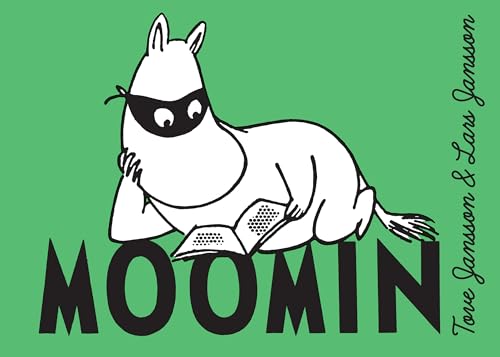 Colorful children's book cover featuring Moomin characters in a scenic outdoor setting.