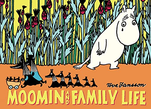 Moomin characters walk through tall grass on a yellow and green cover.