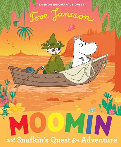 Moomin and Snufkin in a small boat on orange water.