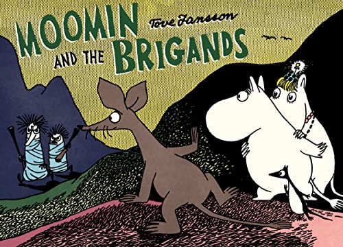 Moomin characters encounter a long-nosed creature and three masked figures.