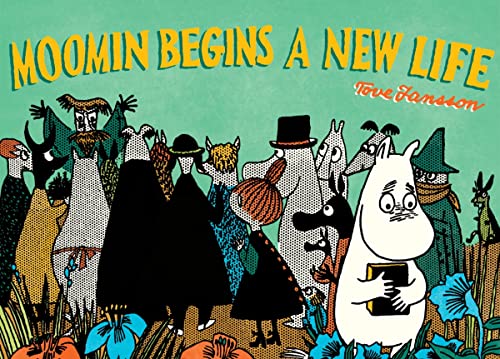 Moomin characters in a crowd, book cover illustration by Tove Jansson.