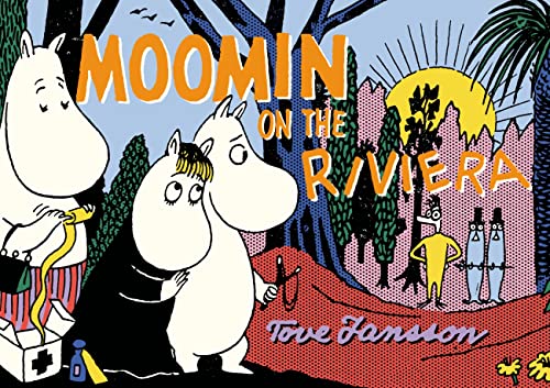 Moomin characters on a colorful, illustrated cover with a Riviera setting.