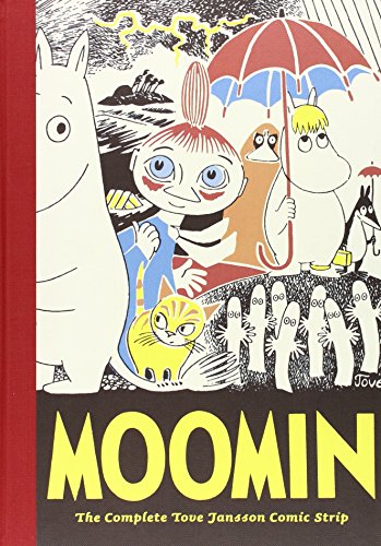 "Book cover featuring Moomin characters in a storm, with red spine and yellow title."
