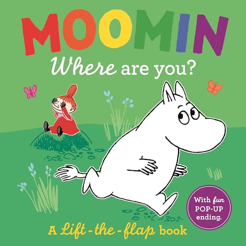Moomin characters in a green field, lift-the-flap book cover.