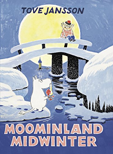 Moomintroll holding a lantern stands by a snowy river with a bridge and moon.