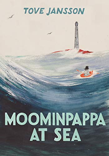 Moominpappa in a small boat on a rough sea with a lighthouse in background.