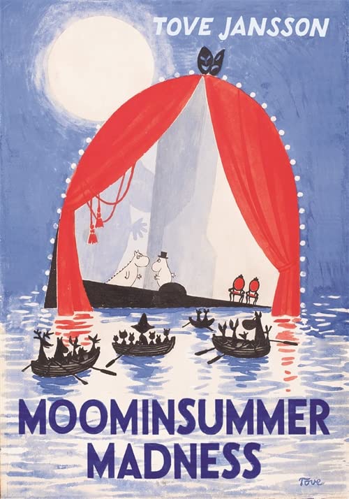 Book cover featuring Moomin characters on boats before a stage with red curtains.