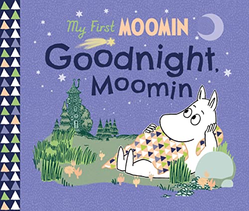 Book cover featuring Moomin tucked in bed with a crescent moon.