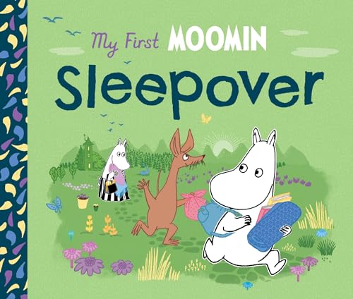 Moomin characters with pillows in a green landscape, book cover.